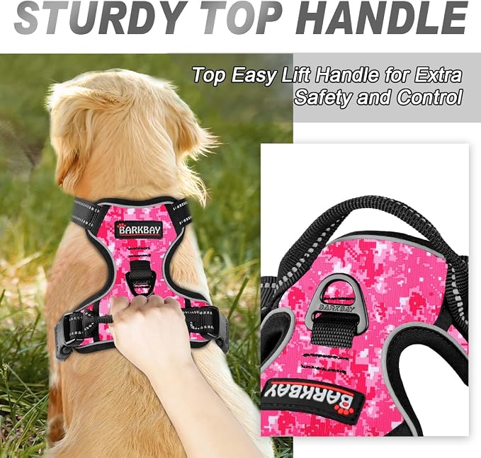 BARKBAY Dog Harness No Pull for Large Dogs Front Back Clips,Dog Vest | Soft Padded No Choke With Handle,Easy On&Off,Adjustable Reflective For Walking Training Running(Pink Camo,L)