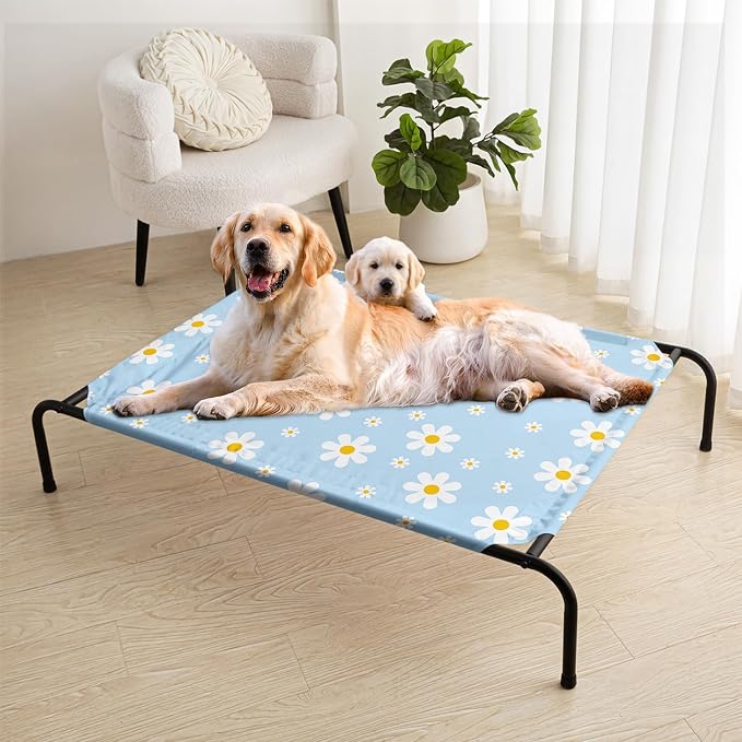 Blue Daisy Pattern Orthopedic Elevated Dog Pet Bed(47"X31"X9"),with Metal Frame,Printing Breathable Waterproof Dog Kennel,Sleeping Bed Set for Small Medium Large Dogs Cats,for Home,Outdoor Use