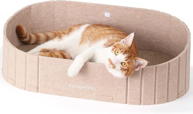 FUKUMARU Cat Scratcher, 24 Inch Sofa Shape Cat Scratching Bed Couch Indoor | Oval Felt Cat Scratcher Bed with Reversible Detachable Cat Scratching Boards, Round Cats Scratch Pads Refill, Beige