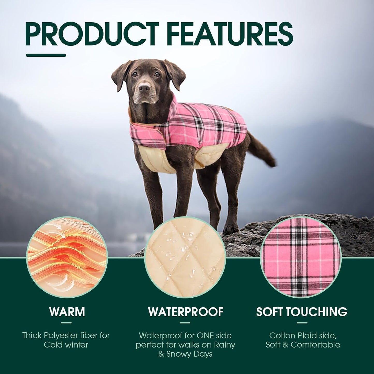 Kuoser Waterproof Dog Coat, Reversible Dog Jacket for Small Dogs, Adjustable Durable Doggie Winter Coat Warm Cozy Puppy Cold Weather Apparel from Small to Large Breed, Pink S