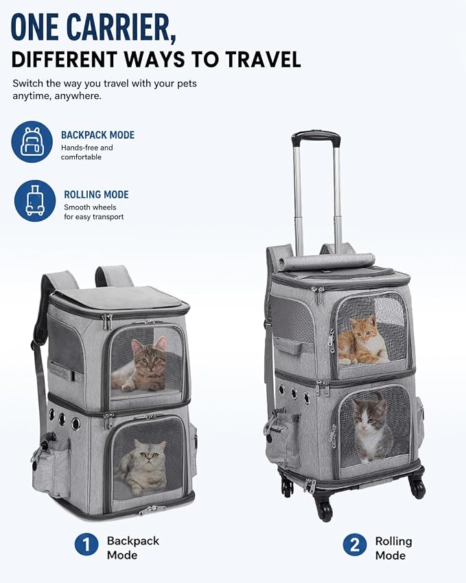 Double-Compartment Cat Carrier Backpack with Wheels for Two Pets | 2-in-1 Pet Rolling Carrier for Smalls Cats and Dogs, Perfect for Traveling / Walking/ Vet, Up to 12 lbs each, Grey
