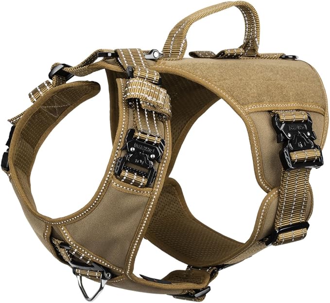 ICEFANG Quick-Moving Tactical Dog Harness for Large Dogs,No Pull Dog Vest | Control Handle,Reflective,Full Metal Buckles,Adjustable,Hook-and-Loop Panel,Soft Padded,Brown,Large