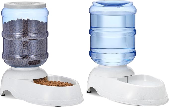 Amazon Basics Automatic Pet Water Dispenser and Gravity Food Feeder Set for Cat and Dog, Easy to Clean, 152fl.oz food feeder, 135.3fl.oz water dispenser, Small, Pack of 2