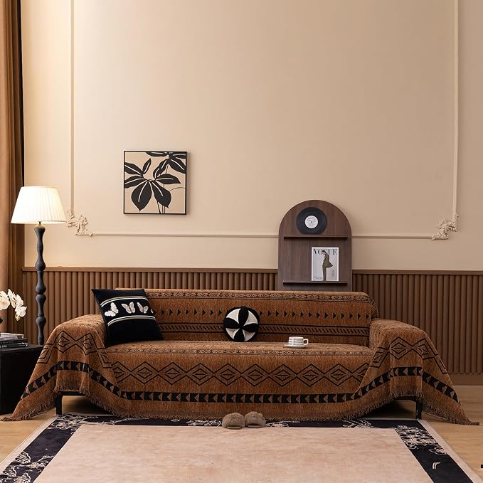 VClife Bohemian Couch Cover for Dog, Plush Thick Chenille Aztec Couch Cover for 2 Cushion Couch Sofa Pet Friendly Sofa Slipcover with Tassel 71"X118"