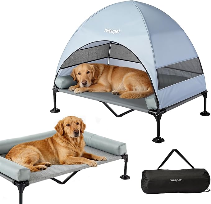 iweepet Upgraded 4 in1 Elevated Dog Cot with Removable Canopy & Bolster Pillows for Large & Extra Large Dog,Cooling Raised Outdoor Dog Bed with Breathable Teslin Mesh,Carry Bag for Camping, Backyard