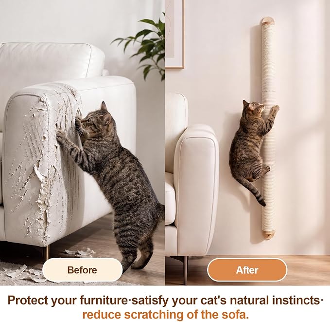 84" Tall Wall Mounted Cat Scratcher Post, Cat Wall Shelves Furniture, 6 Pcs 14 Inch Sisal Climbing Poles with 5 Brackets, Kitten Modular Scratch Tower, Space Saving Pet Supplies