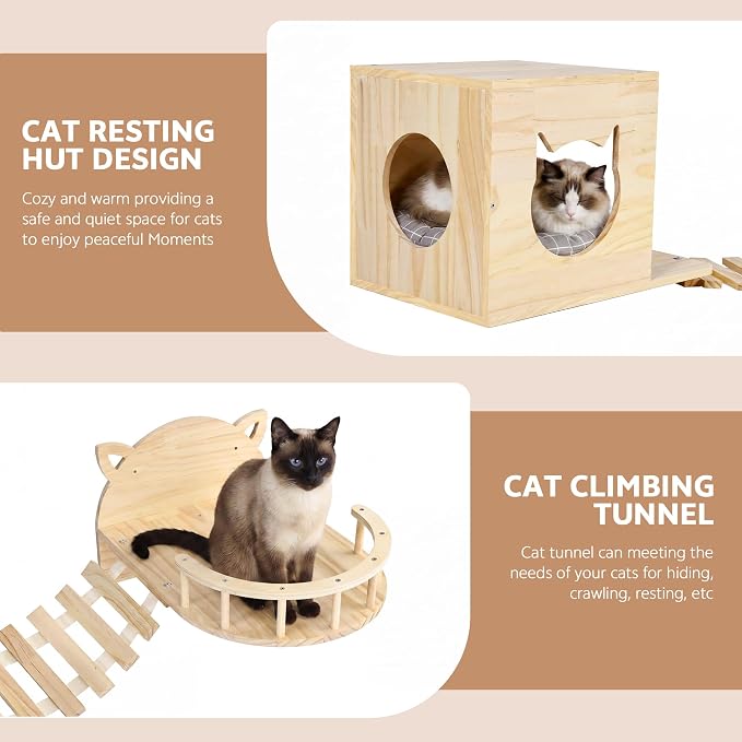 Wood Cat Climbing Furniture Set with Floor to Ceiling Cat Tree | 6 Tier Cat Tower Adjustable Height (95-110in) and Wall Mounted Cat Shelves, with Cat Scratching Post, House, Condo, Burlywood