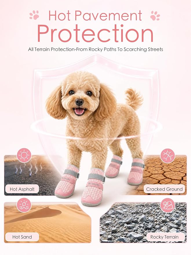 BECEMURU Dog Shoes for Summer, Double-Straps Anti-Slip Dog Boots & Paw Protectors for Hot Pavement, Breathable & Light Weight Outdoor Walking Hiking Pink Size 3