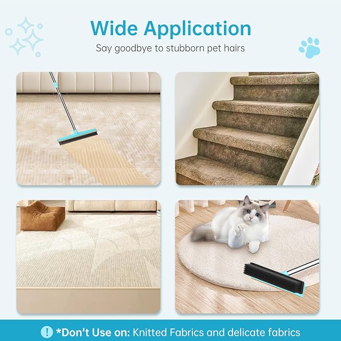Carpet Rake for Pet Hair Removal, 60" Long Handle Rubber Broom (3 Pack) | Multi-function Pet Hair Removal Tool, Works on Rug Car Mat Pet Bed Furniture, Cleans Dog Cat Fur Efficiently