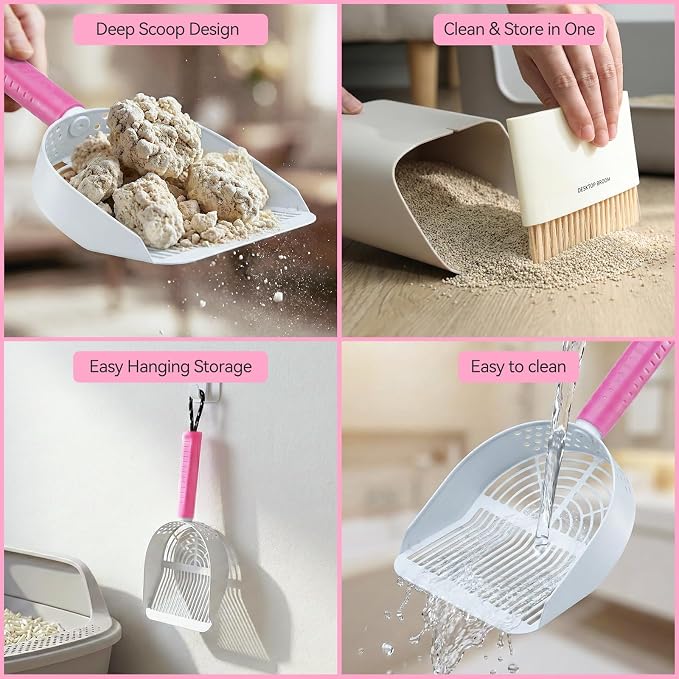 Cat Litter Scoop with Holder, 3 in 1 Metal Kitty Scooper | Heavy Duty Deep Litter Sifter with Dustpan & Mini Broom, Dual Coarse & Fine Grid, Quick Sift, Universal for All Cat Litter