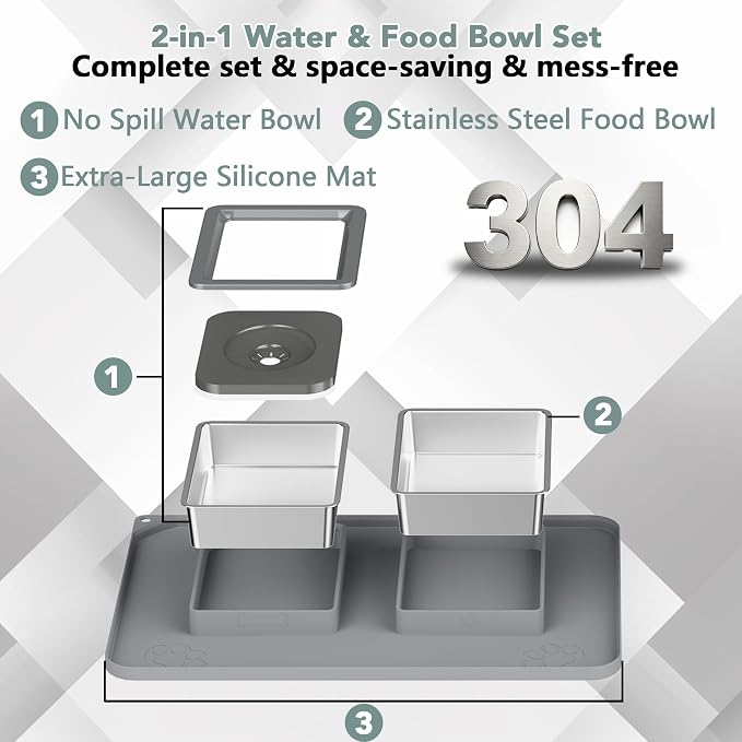 Dog Bowl Set, No Spill Dog Water and Food Bowl with Silicone Mat | Large Capacity 304 Stainless Steel Bowls, 2-In-1 Set, Slow Drinking, Anti-Slip Silicone Feeding Mat, Home/Travel, 6-7 Cups