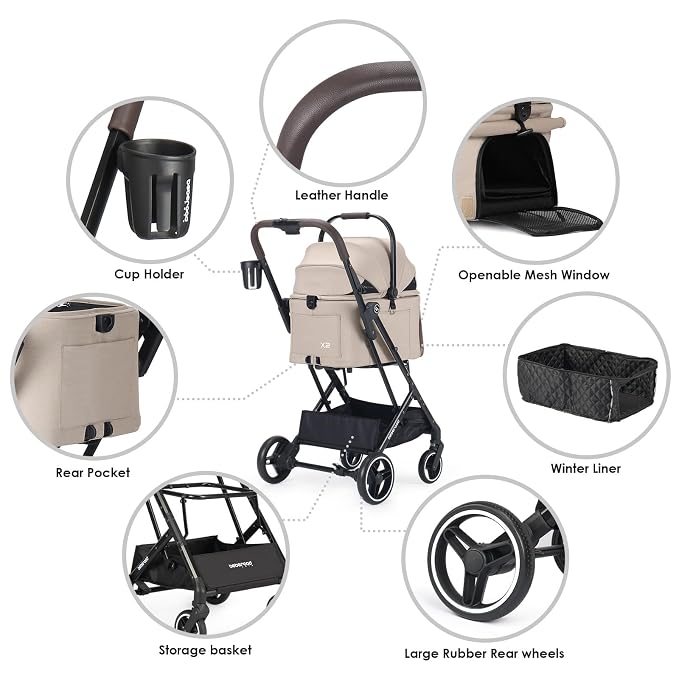 X2 Pet Stroller, Dog Cat Stroller for Small Pets with Detachable Carrier, Lightweight Foldable Cat Carrier Dog Car Seat for Puppy Doggy up to 44lbs, Canopy and Waterproof Pad, Camel