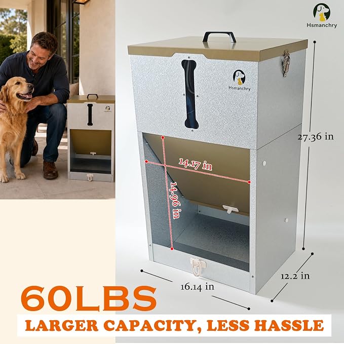 60 lb Automatic Dog Feeder Outdoor Gravity Feeder for Large Dogs | Easy food-level checks, simple latch closure, wall or fence mounting, champagne-gold finish