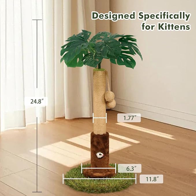 Woochpet Cat Scratching Post for Indoor Cats and Kitten - 24.8" Tall Cat Scratching Post with Sisal Rope,Palm Tree Cat Scratch Post with Hanging Ball, Small Brown