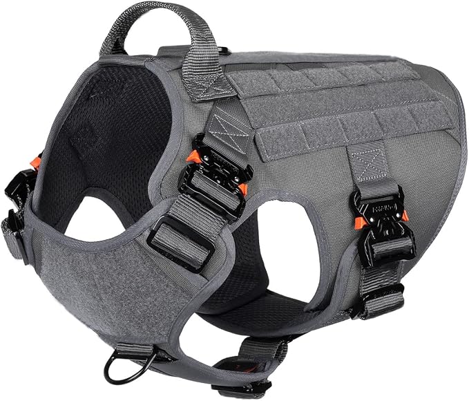 ICEFANG Tactical Dog Harness for Large Dogs,Full Metal Buckles Dog Vest | with MOLLE, Reflective,Adjustable,2 Leash Clips,Control Handle,No Pull,Soft Padded,Grey,Large