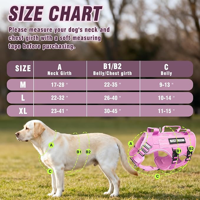 Air Mesh Tactical Dog Harness with Metal Buckles&MOLLE,Pink XL | Breathable Adjustable No Pull Service Dog Vest with 3 Padded Handles,Military Dog Harness for Training Hiking Hunting Working