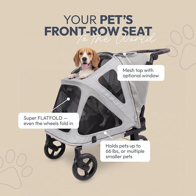 WonderFold Hudson Pet Stroller for Medium Pets - super FLATFOLD: Even the Wheels Fold In - GRAY, MEDIUM