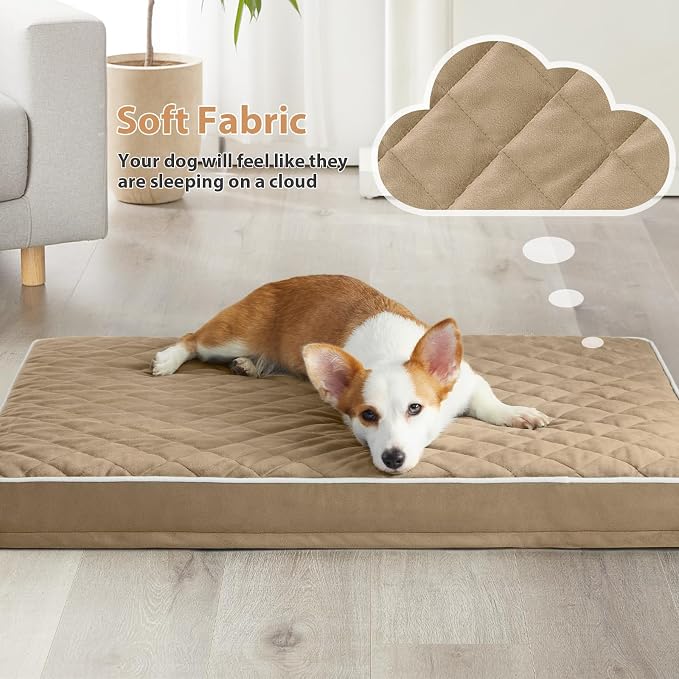 WNPETHOME Orthopedic Waterproof Large Dog Bed for Crate Cozy Sleep | Washable Large Pet Bed with Removable Cover, Multi-Needle Quilting Dogs Crate Beds Brown 35x22 Inch