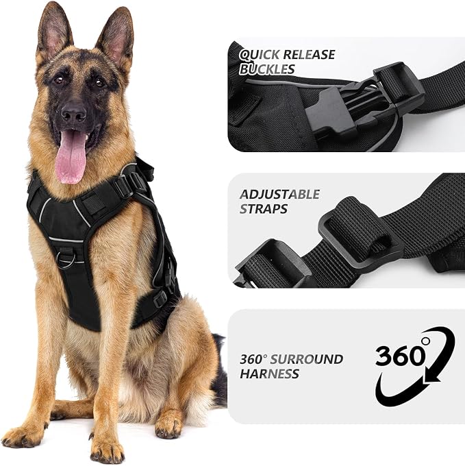 WINGOIN Black Tactical Dog Harness for Extra Large Dogs,No Pull Dog Harness | Heavy Duty with Handle,Adjustable Reflective,Military K9 Style,Big Size Dog Vest,for Great Danen,for Walking Running Hunting