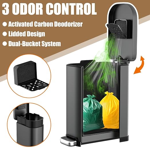 Dog Poop Trash Can Outside with Odor Control Lid & Step Pedal, 3.2Gal Stainless Steel Outdoor Trash Can, Waterproof Dog Waste Container - Includes 3 Carbon Filters & Bin Bag Holder
