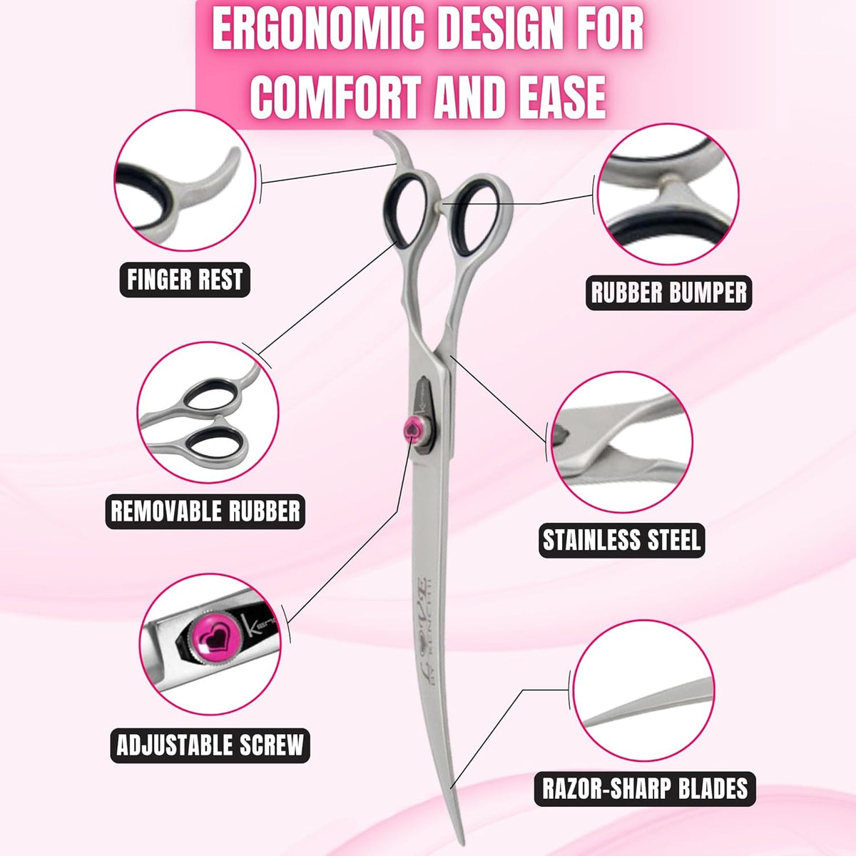 Kenchii Love Left Handed Dog Grooming Scissors, 9 Inch Curved Shears, Dog Scissors for Grooming, Professional Pet Grooming Scissors, Ergonomic & Comfortable