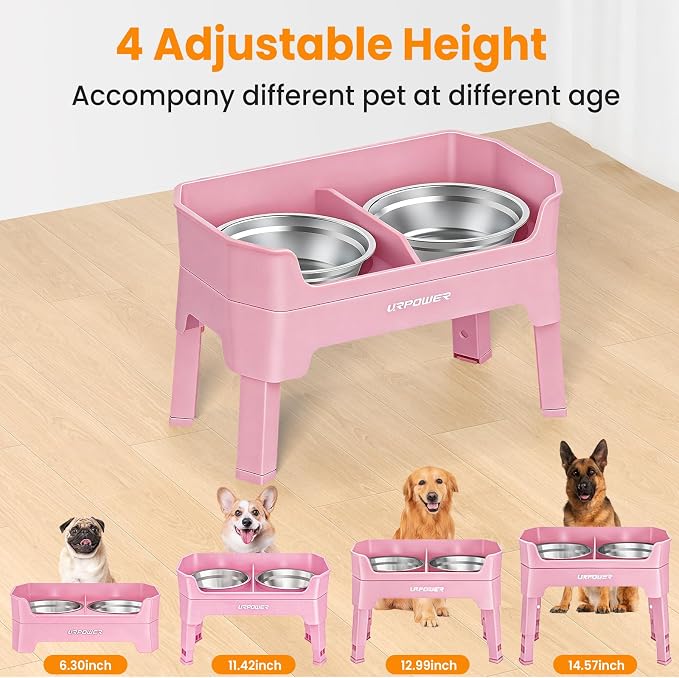 URPOWER Elevated Dog Bowls, 3-in-1 Double Deck Raised Dog Bowl Stand | 4 Height Adjustable Raised Stand with 2 Stainless Steel Food Bowls & Licking Plate for Small, Medium & Large Dogs