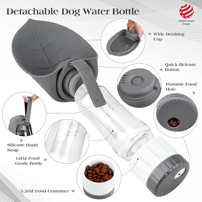 TIOVERY Upgraded Dog Water Bottle, Portable Dog Cat Puppy Pet Water Dispenser Feeder with Drinking Cup and Food Container Leak Proof for Outdoor Walking, Travel, Hiking 12OZ Grey