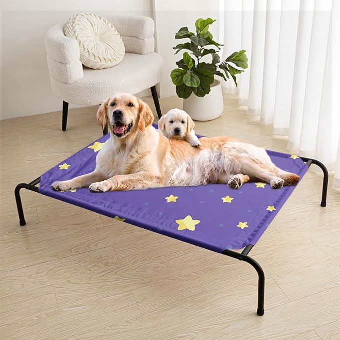 Deep Blue Gold Star Orthopedic Elevated Dog Pet Bed(35"X25"X8"),with Metal Frame,Printing Breathable Waterproof Dog Kennel,Sleeping Bed Set for Small Medium Large Dogs Cats,for Home,Outdoor Use