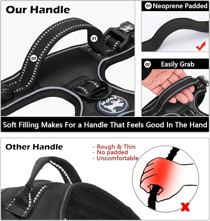 PoyPet No Pull Dog Harness Large with Front Clip & Neck Release Buckle | No Choke, Adjustable Vest, Reflective, Back Clip, Lockable, Soft Padded, Easy Control Handle for Walking Training, L, Black