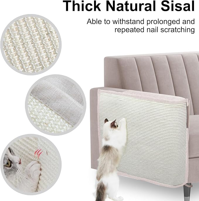 Cat Scratch Sofa Protector,27.6”L*19.6“W Cat Scratch Furniture Protector Pad Couch Arm Sheild with Natural Sisal for Protecting Couch Sofa Chair Furniture（Beige/Right Handed