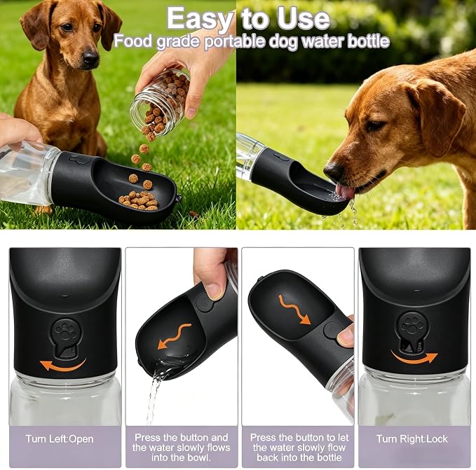 Dog Water Bottle, Portable Water Bottle with Food Container for Dogs Cat Pet Hiking Walking Travel Camping, Leak-Proof Dog Water Bowl Dispenser with Feeder Function Puppy Essentials