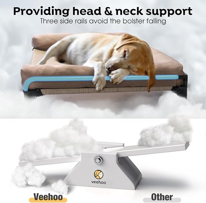 Veehoo Outdoor Elevated Dog Bed-Cooling Raised Dog Cot for Medium Sized Dog | Three-Sided Fence Raised Pet Cot with Mesh & No-Slip Feet Dog Hammock Bed with Removable Bolster-29" x 18" Beige