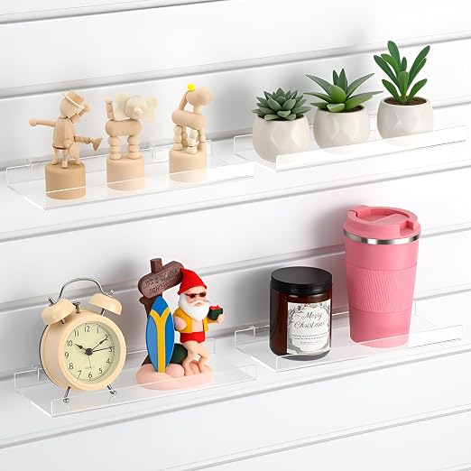 Yalikop 4 Pcs Slatwall Shelves Clear Acrylic Slatwall Shelves Organizer Wall Mounted Hanging Accessories Plastic Panel Display Shelf for Retail Store Boutique Garage Home(No Fence Style,10 x 4 Inch)