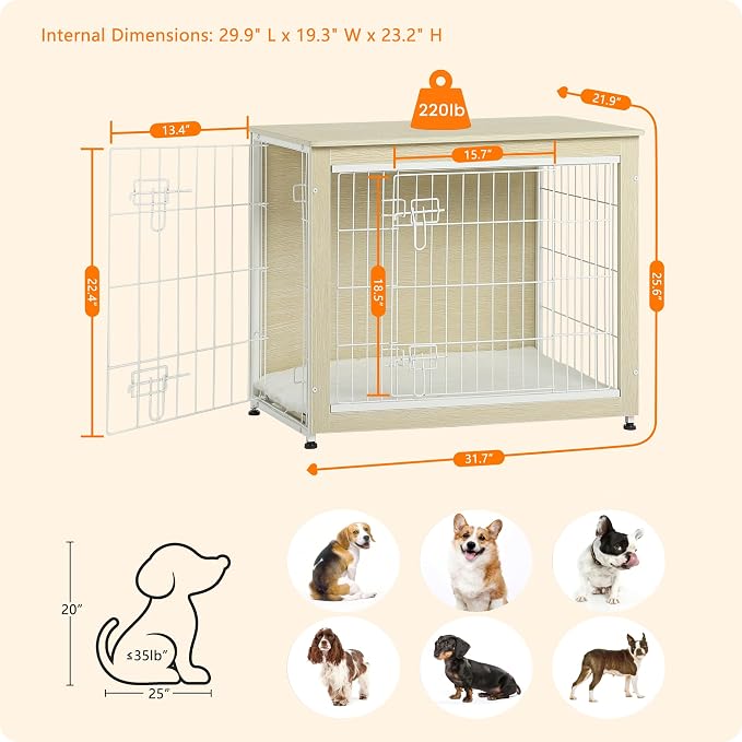 DWANTON Dog Crate Furniture with Cushion, Wooden Kennel Table with Double Doors, Indoor Dog House, Medium Size, 32.5" L, White Oak