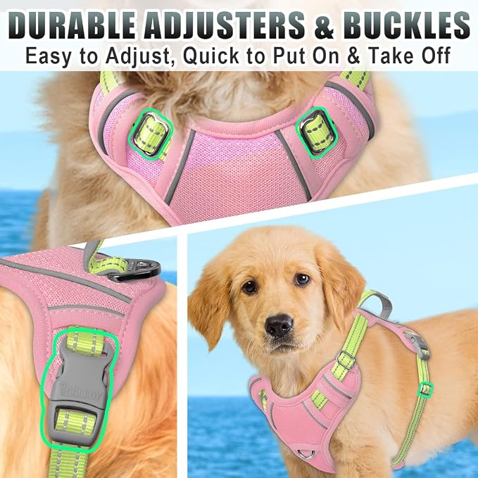 BARKBAY No Pull Dog Harness Large Reflective Dog Harness with Front Clip and Easy Control Handle for Walking Training Running with ID tag Pocket(Baby Pink & Sunlight,S)