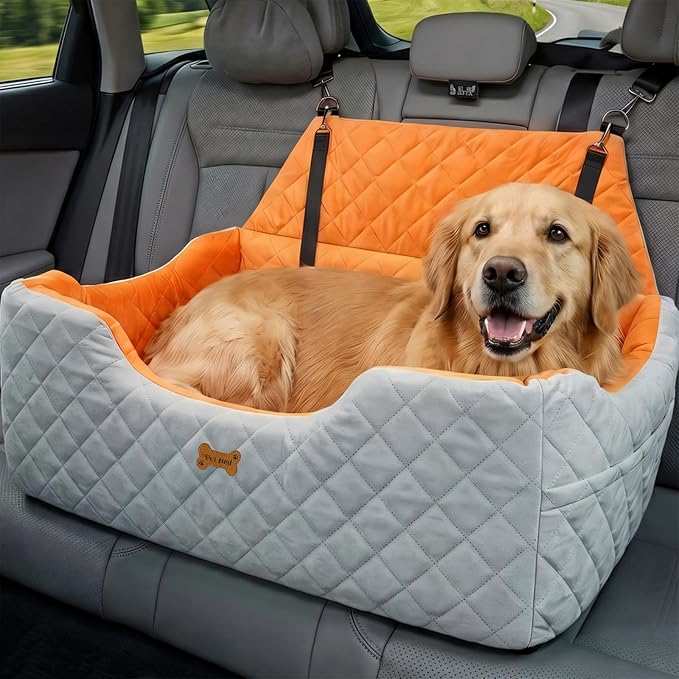 Dog Car Seat for Large Medium Dogs up to 55 lbs, Memory Foam Dog Booster Seat with Storage Pocket, 2 Safety Leashes,Washable Cover, Portable Anxiety Pet Travel Bed, Gray