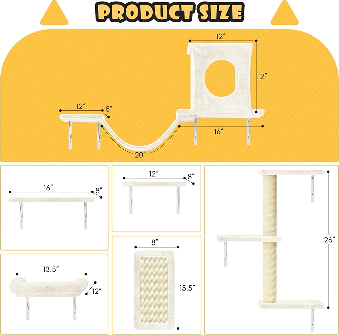 12-in-1 Cat Wall Shelves, Wall Mounted Cat Climber with Condo House, Scratching Post, Bridge Ladder, Space-Saving Indoor Play Furniture for Kittens, White
