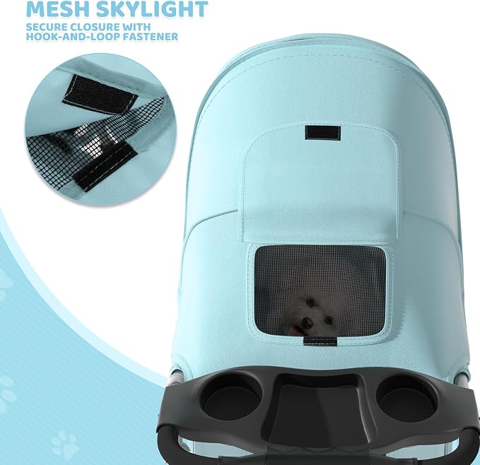 Magshion 3-Wheel Pet Stroller, Foldable Travel Jogger for Small & Medium Dogs & Cats (Up to 33lbs), Lightweight Carrier with Breathable Mesh Cover, Cup Holder & Storage Basket, Mint Green