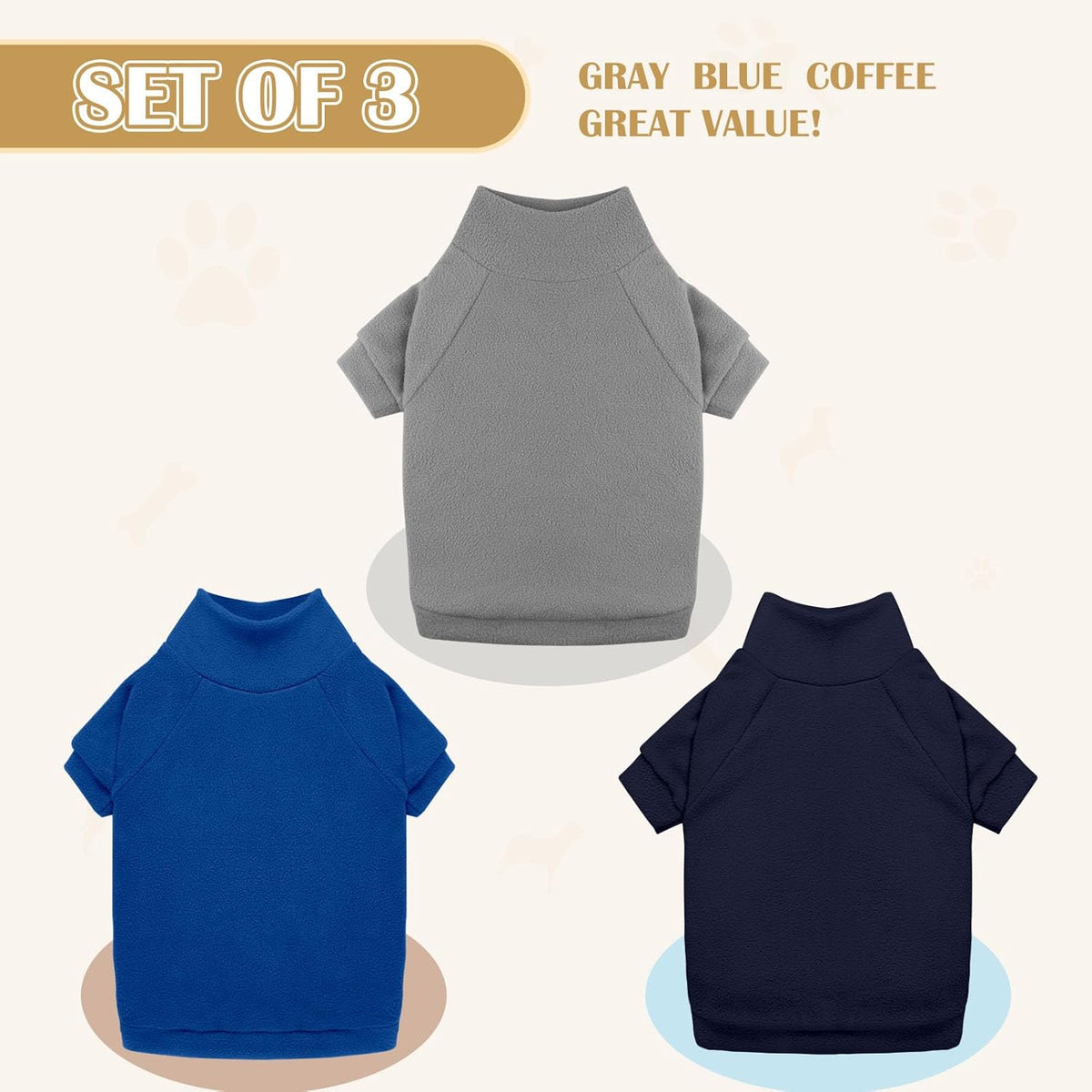 3 Pack Dog Sweater Fleece Turtleneck Soft Warm Sweatshirt Dog Sweaters for Small Dogs Puppy Sweater Boy Girl Pet(Gray+Royal Blue+Navy,XS)
