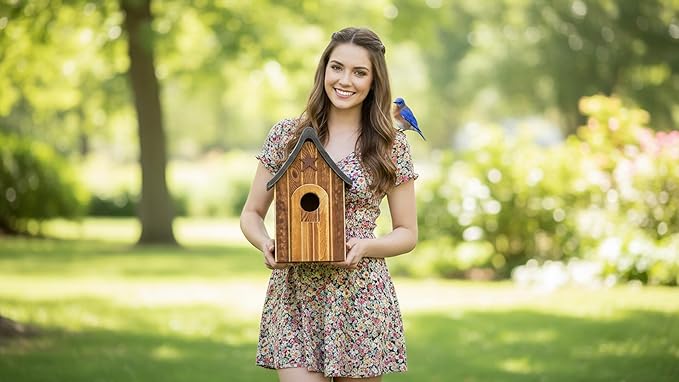 Water Proof Bluebird Bird Houses for Outside, 1.5" Entrance with Landing Perch Guard, Rustic Patriot Style, Squirrel Proof Composite Material Bird House for Outdoor, HDPE Roof 10 Years Weatherable