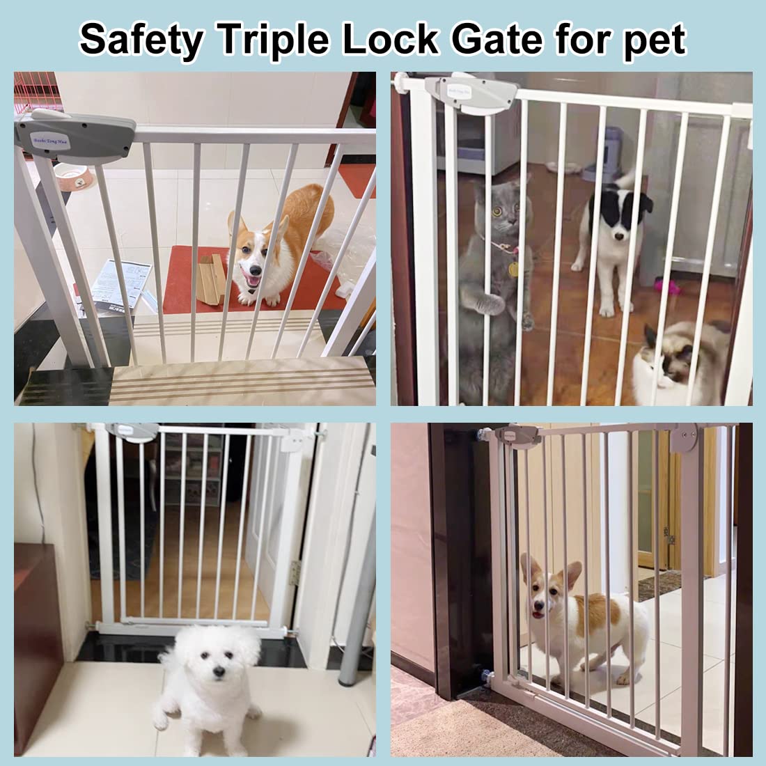 WAOWAO Triple Lock Baby Gate Extra Wide 86.22-90.55" Pressure Mounted Walk Through Swing Auto Close Safety White Metal Dog Pet Puppy Cat for Stairs,Doorways,Kitchen 86.22-90.94"/219-231cm