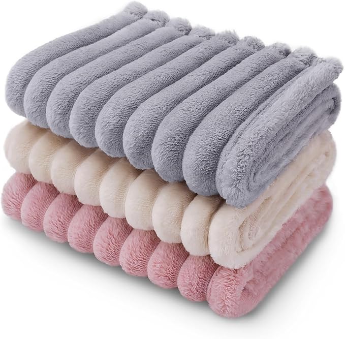 LINENLUX 1 Pack 3 Soft Dog Blanket Washable Warm Fleece Cat Blankets for Pet Puppy Fluffy Calming Flannel Beige/Pink/Grey Medium