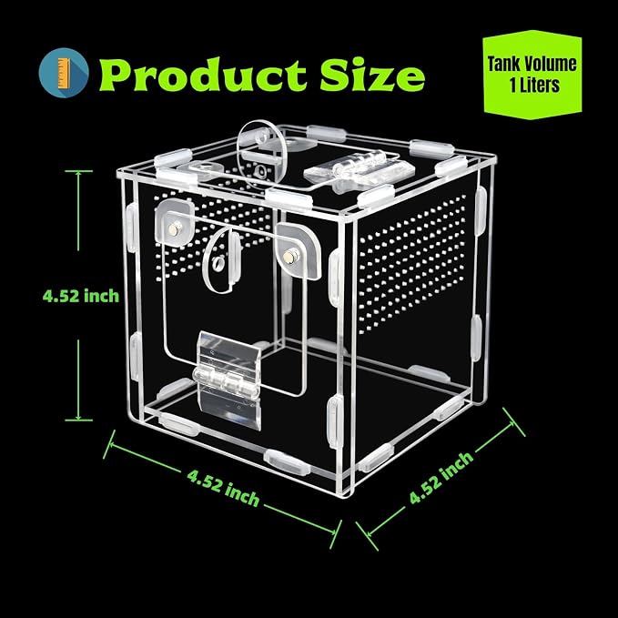 Jumping Spider Enclosure, Small Reptile Terrarium for Tarantula Hermit Crab Praying Mantis, Acrylic Insect Habitat with Magnetic Front & Top Opening (4.52" x 4.52" x 4.52")