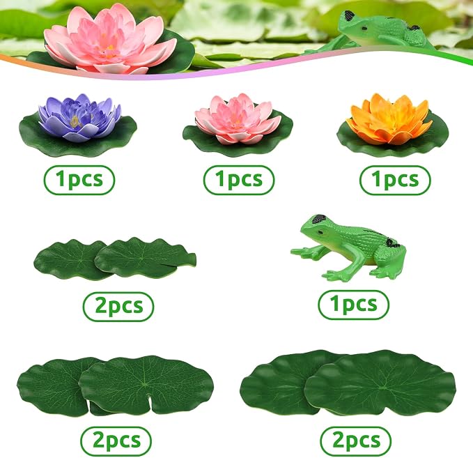 10pcs Floating Foam Lotus Flowers with Artificial Frog Lotus Leaves, Lily Pads for Lake, Artificial Pond Plants Ornaments for Pool Aquarium Water Decoration, Colorful