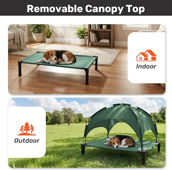 Elevated Dog Bed with Removable Canopy, Sun Protection Shade Tent Dog Cot | Portable Outdoor Dog Bed, Raised Pet Cooling Cot Bed for Dogs, 60in
