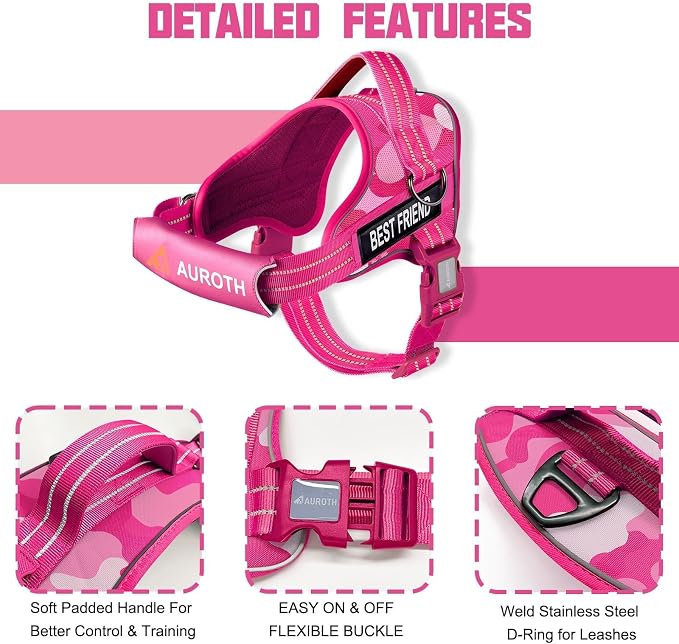 AUROTH Dog Harness for Large Dogs No Pull Tactical Harness and Leash Set | with Leash Clips, LED light clip, Breathable Mesh Padded No Choke, Easy Walking and Training, Pink Camo, Large