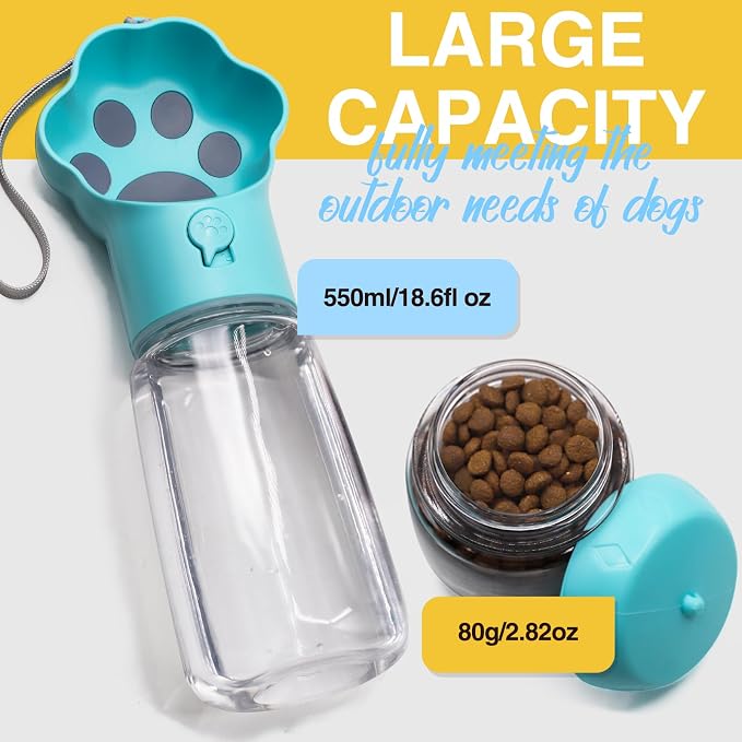 Dog Water Bottle with Food Container, Portable Pet Dispenser, Leak Proof, Hiking, Puppy Travel, Outdoor Activities(18.6 fl.oz/550ml, Blue)
