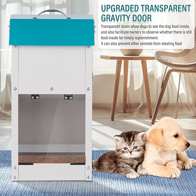 15lbs Automatic Dog Feeder Outdoor Dog Food Dispenser | Galvanized Gravity Cat Feeder with Clear Door, Metal Feeder for Dog, Puppy, Cat, Indoor&Outdoor Use