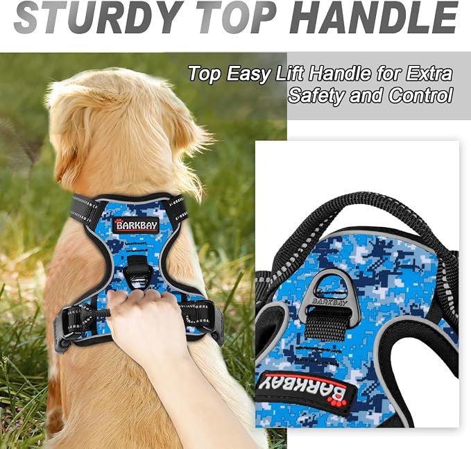 BARKBAY No Pull Dog Harness Front Clip Heavy Duty Reflective Easy Control Handle for Large Dog Walking(Blue camo,L) | Soft Padded No Choke With Handle,Easy On&Off,Adjustable Reflective For Walking Training Running(Blue Camo,L)