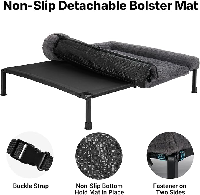 Veehoo Elevated Dog Bed with Fluffy Plush Bolster Cushion, Dog Couch Bed | Cooling Raised Dog Bed for Large Dogs, Washable Orthopedic Pet Cot with Removable Mat, Breathable Mesh, Non-Slip, 45", Grey